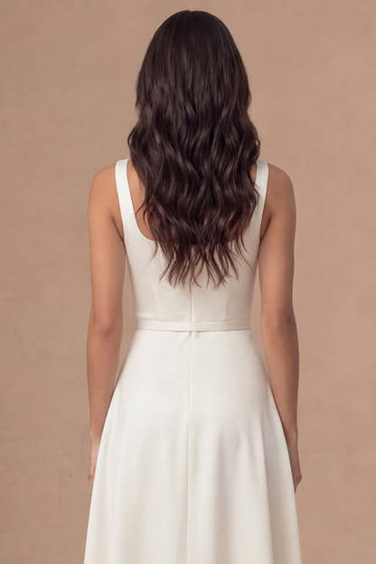 White A Line Thick Straps Satin Sleeveless Midi Engagement Dress