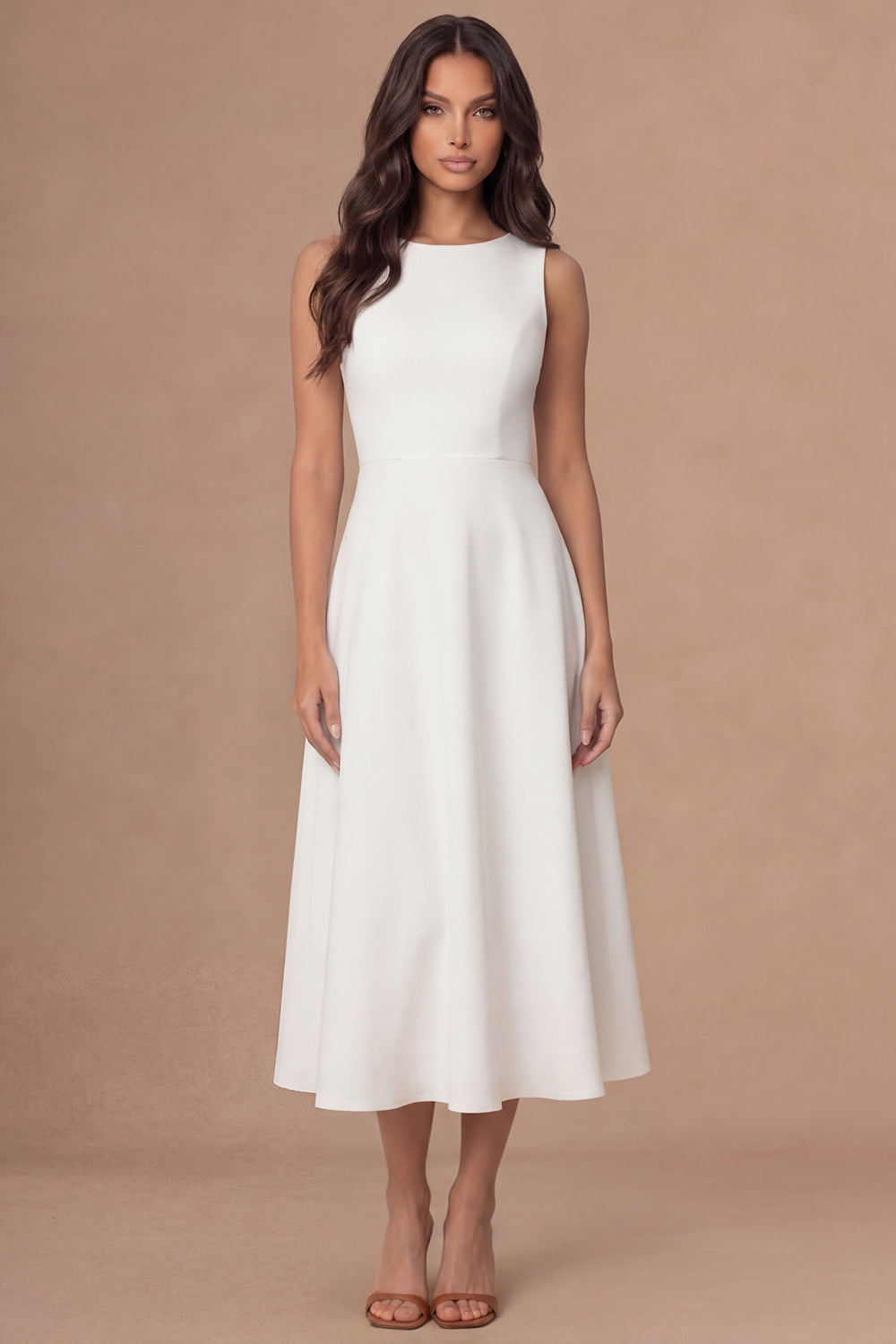 A Line White Sleeveless Round Neck Satin Midi Engagement Dress