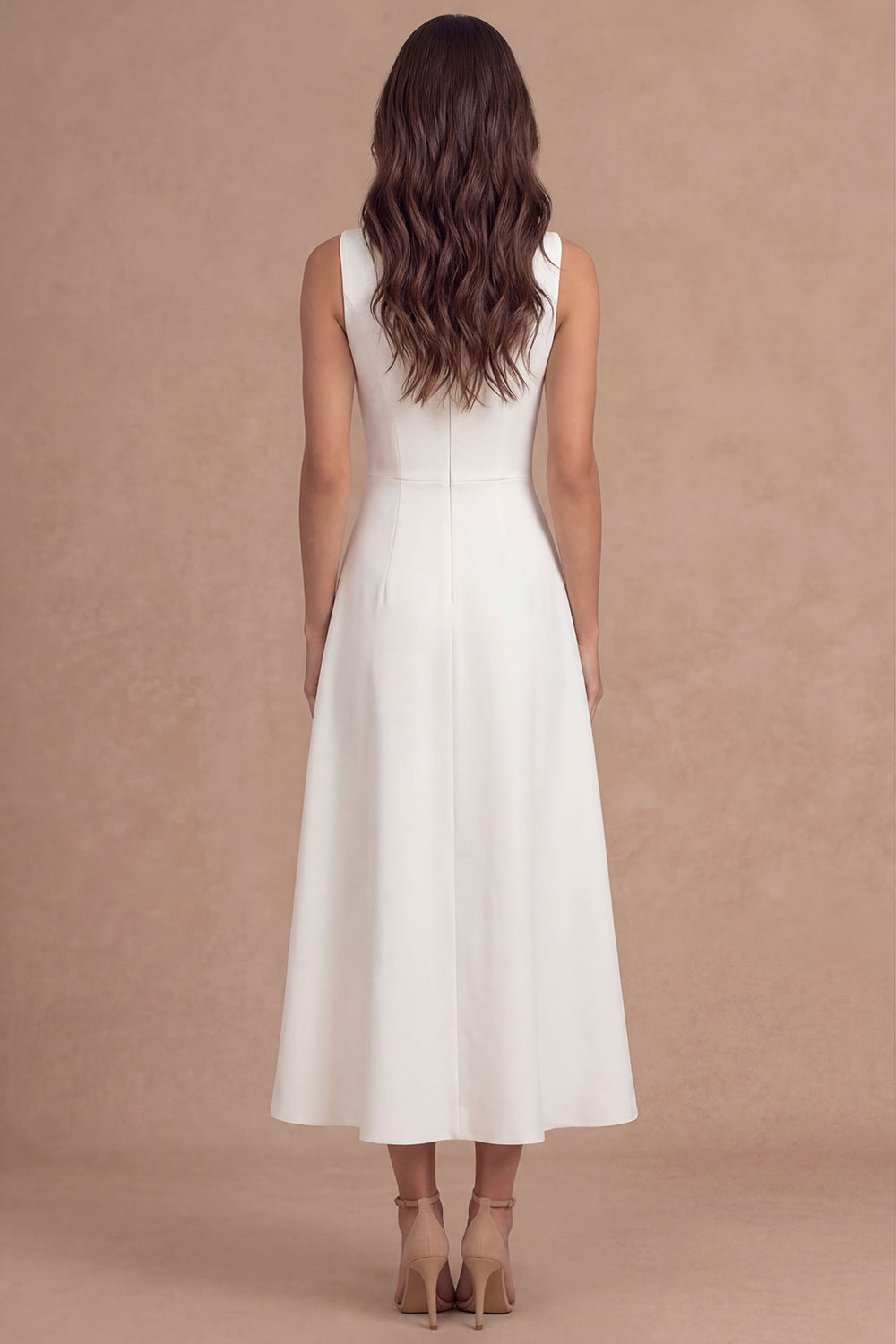 A Line White Sleeveless Round Neck Satin Midi Engagement Dress