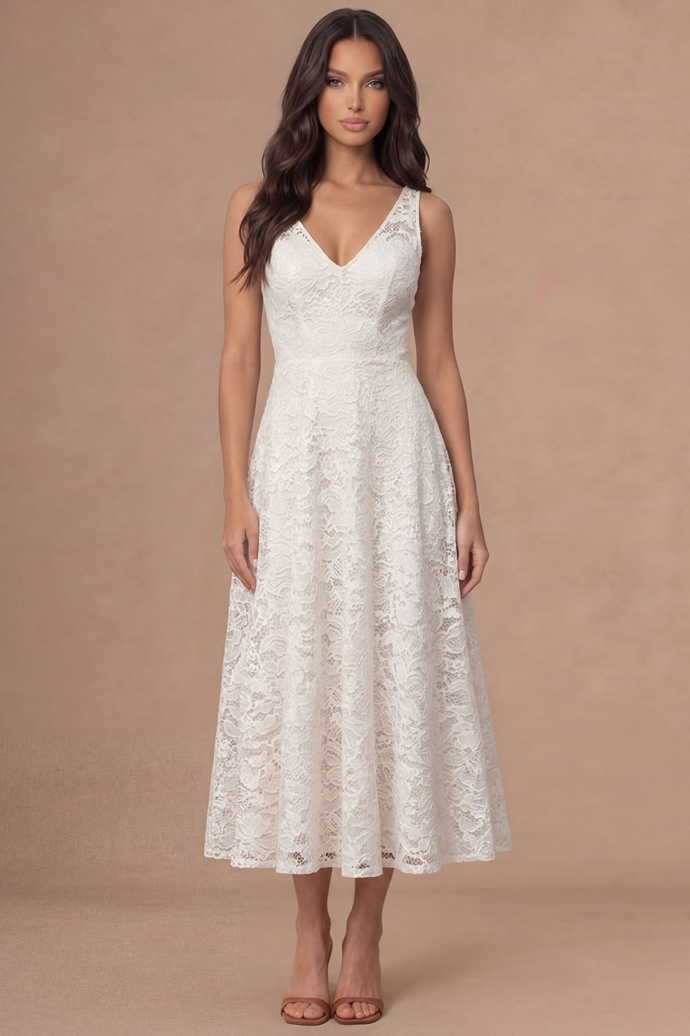 A Line Floral Appliqued Ivory V Neck Midi Engagement Dress