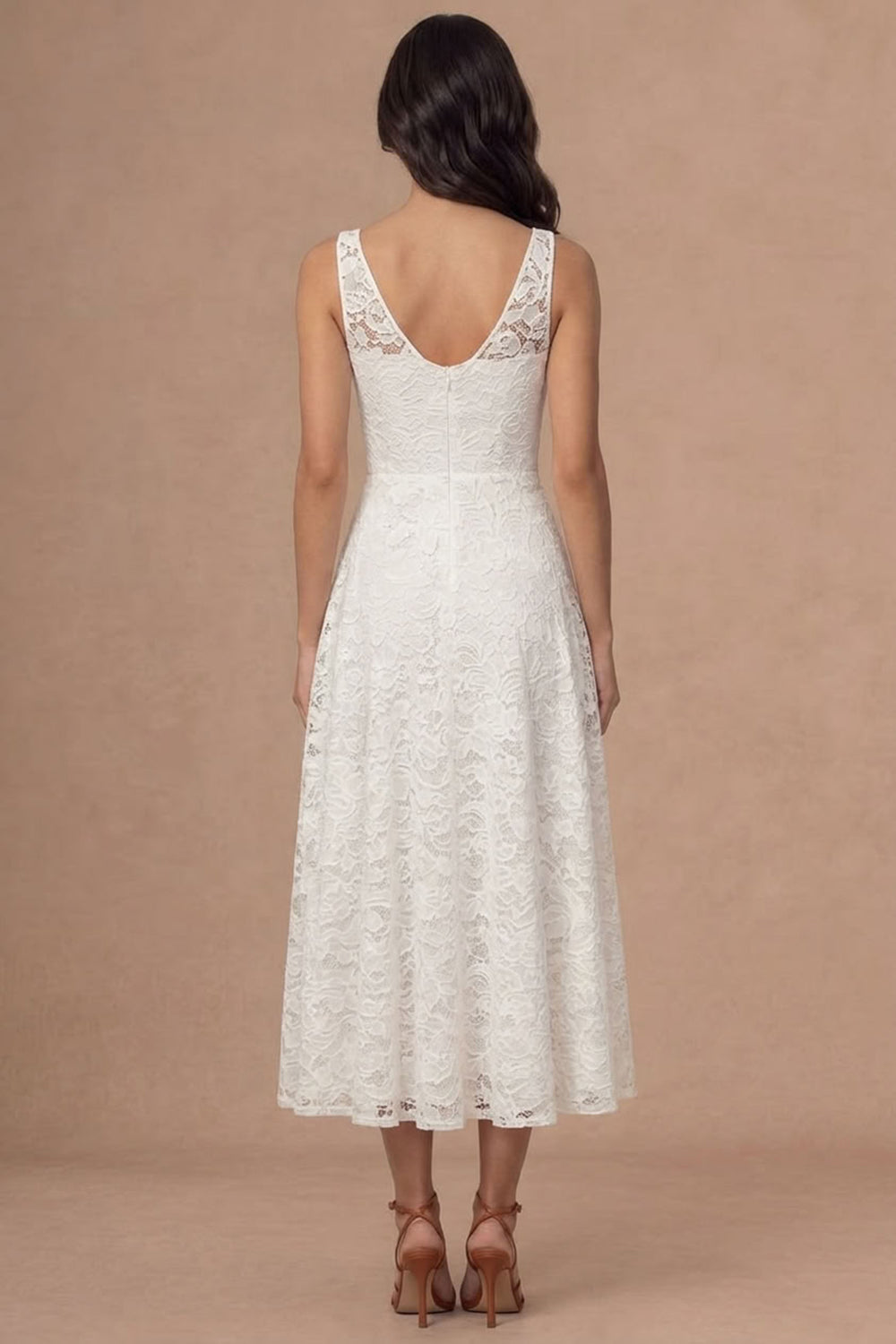 A Line Floral Appliqued Ivory V Neck Midi Engagement Dress