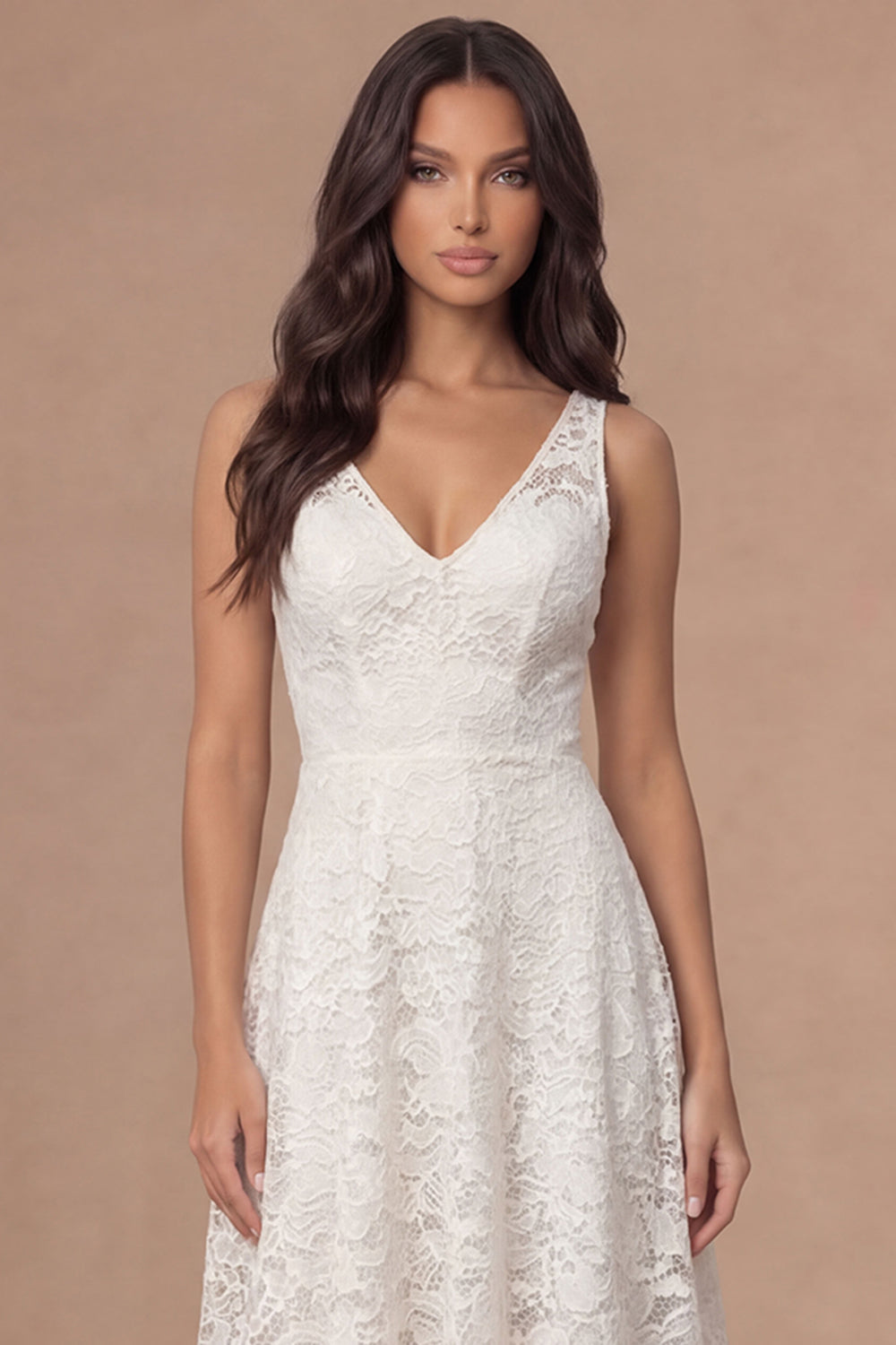 A Line Floral Appliqued Ivory V Neck Midi Engagement Dress