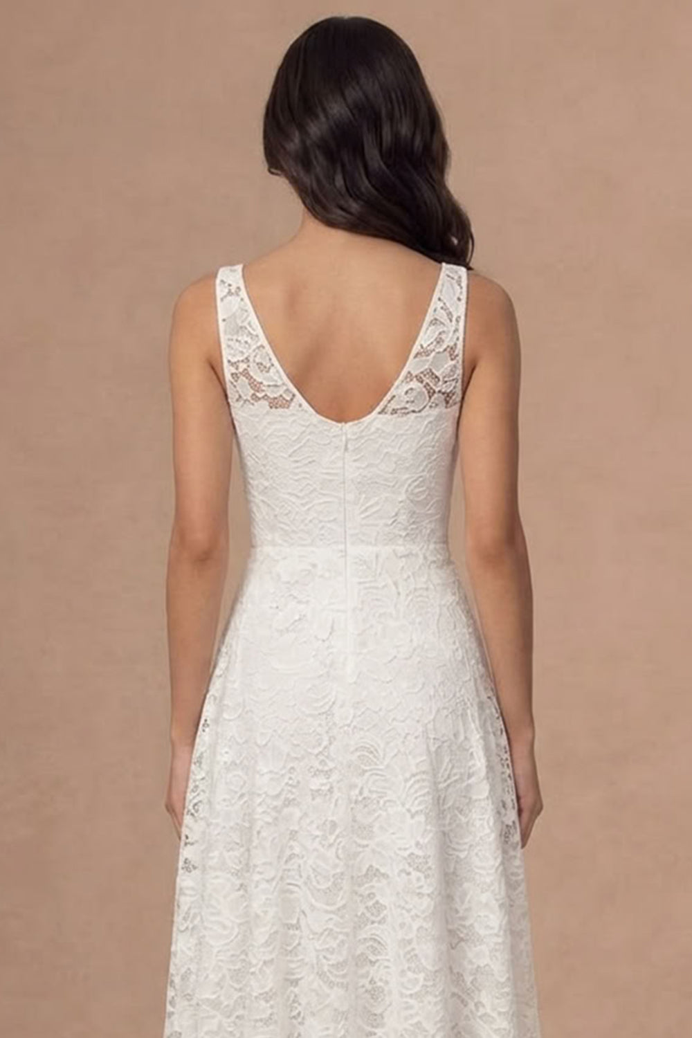 A Line Floral Appliqued Ivory V Neck Midi Engagement Dress