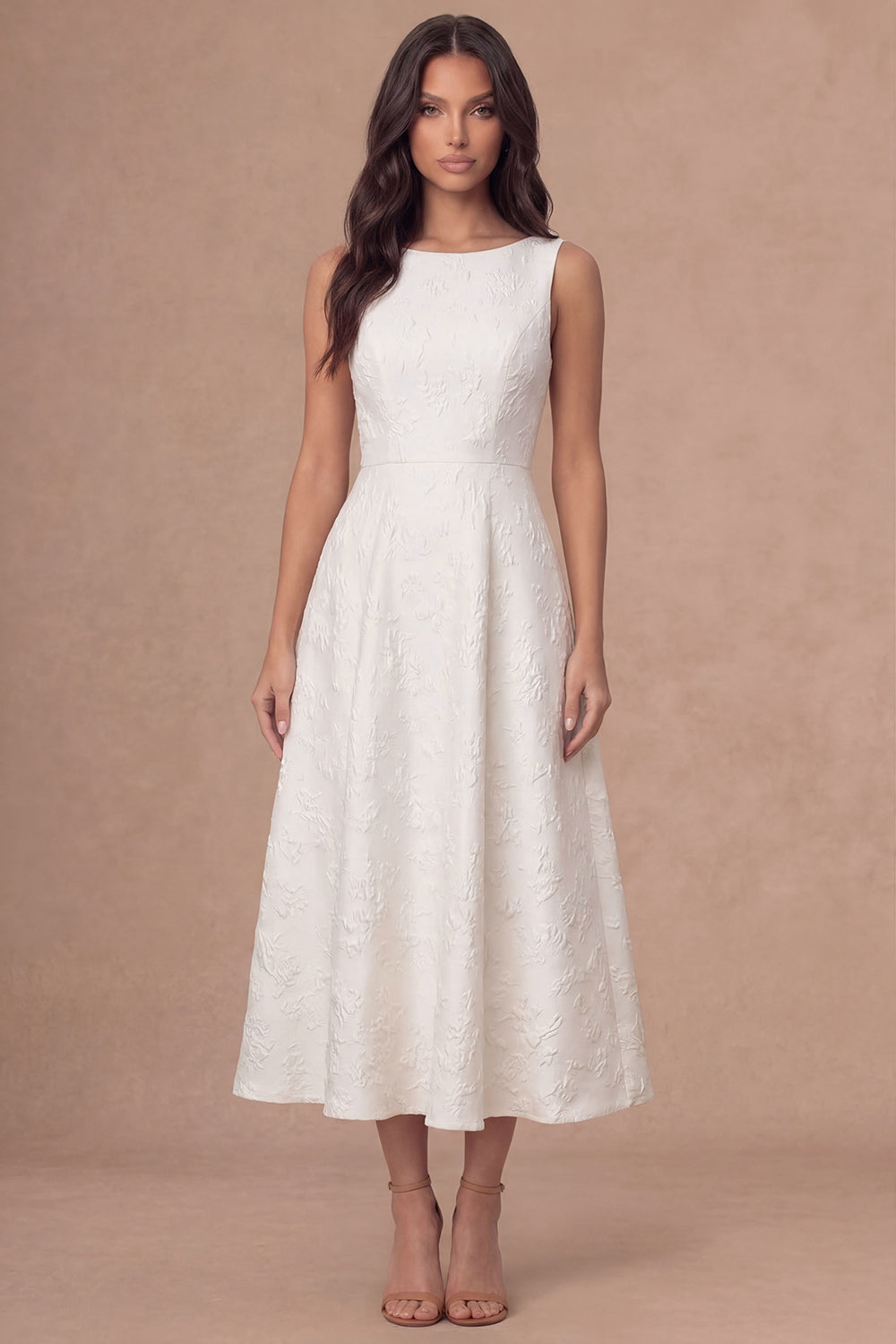 A Line Floral Jacquard Round Neck Sleeveless Midi Engagement Dress
