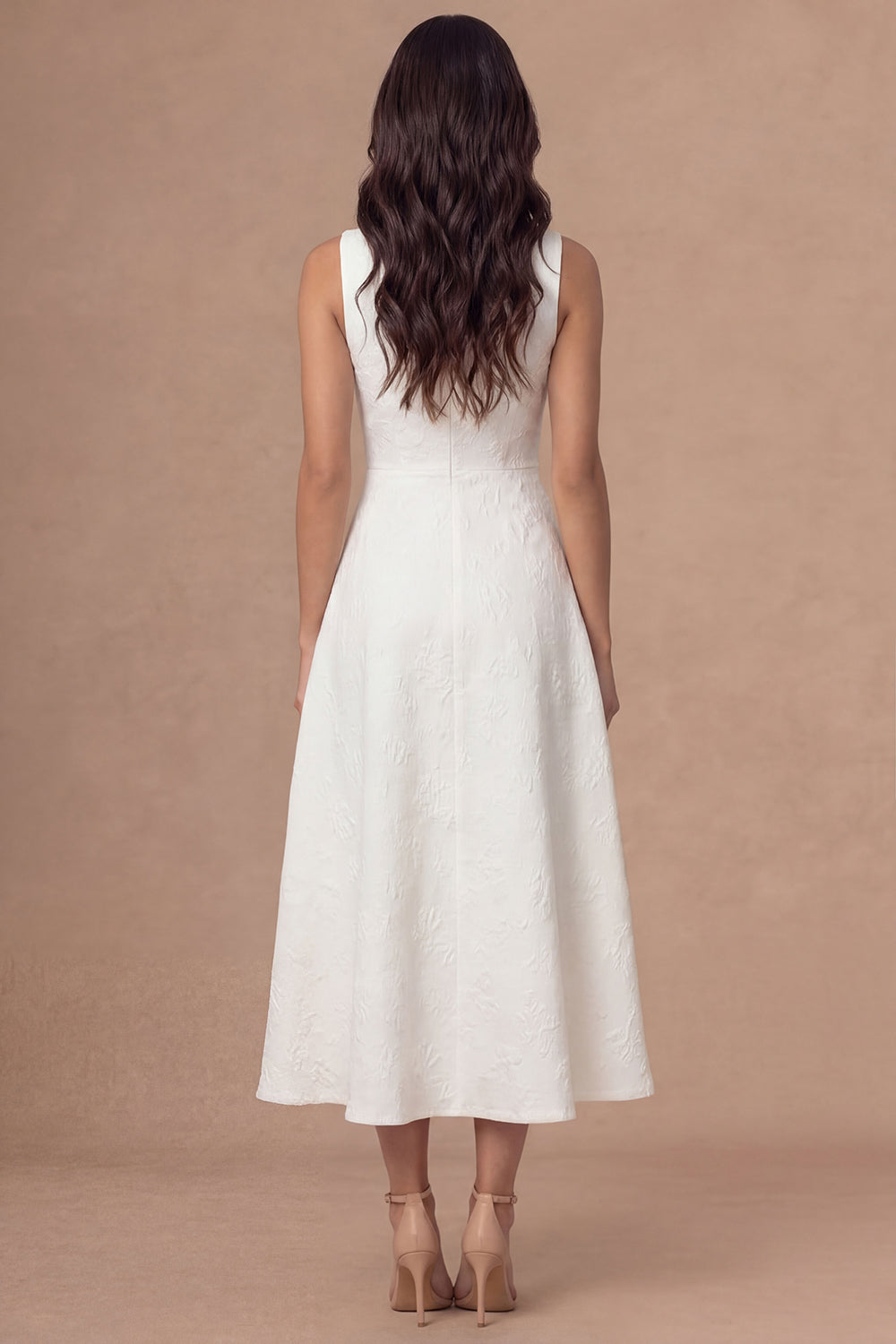 A Line Floral Jacquard Round Neck Sleeveless Midi Engagement Dress