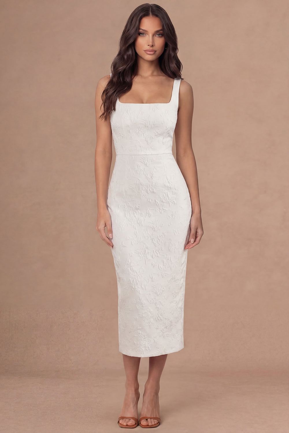 Jacquard Floral Sheath Thick Straps White Midi Engagement Dress