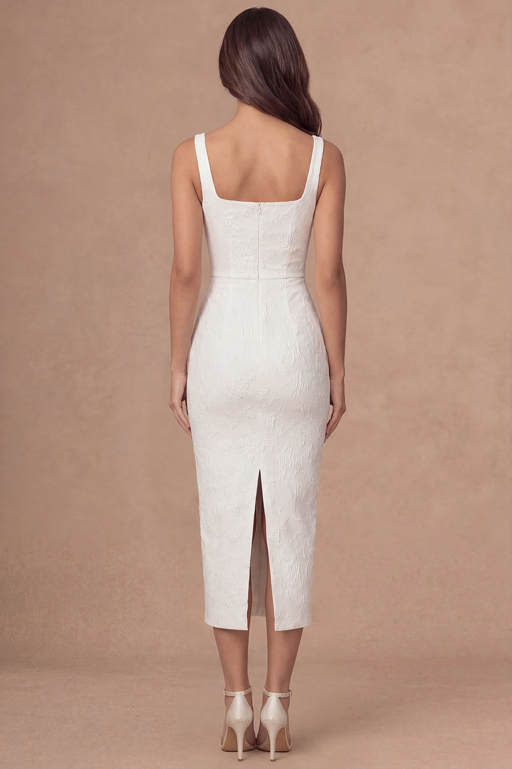 Jacquard Floral Sheath Thick Straps White Midi Engagement Dress