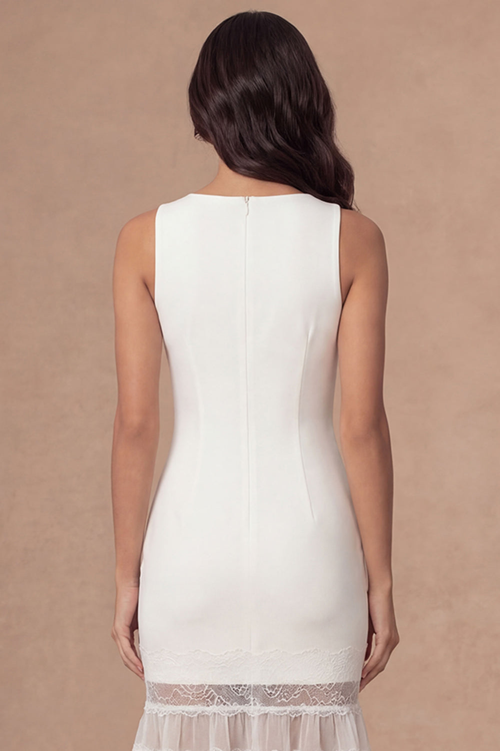 Satin Round Neck Sheath Appliqued White Midi Engagement Dress