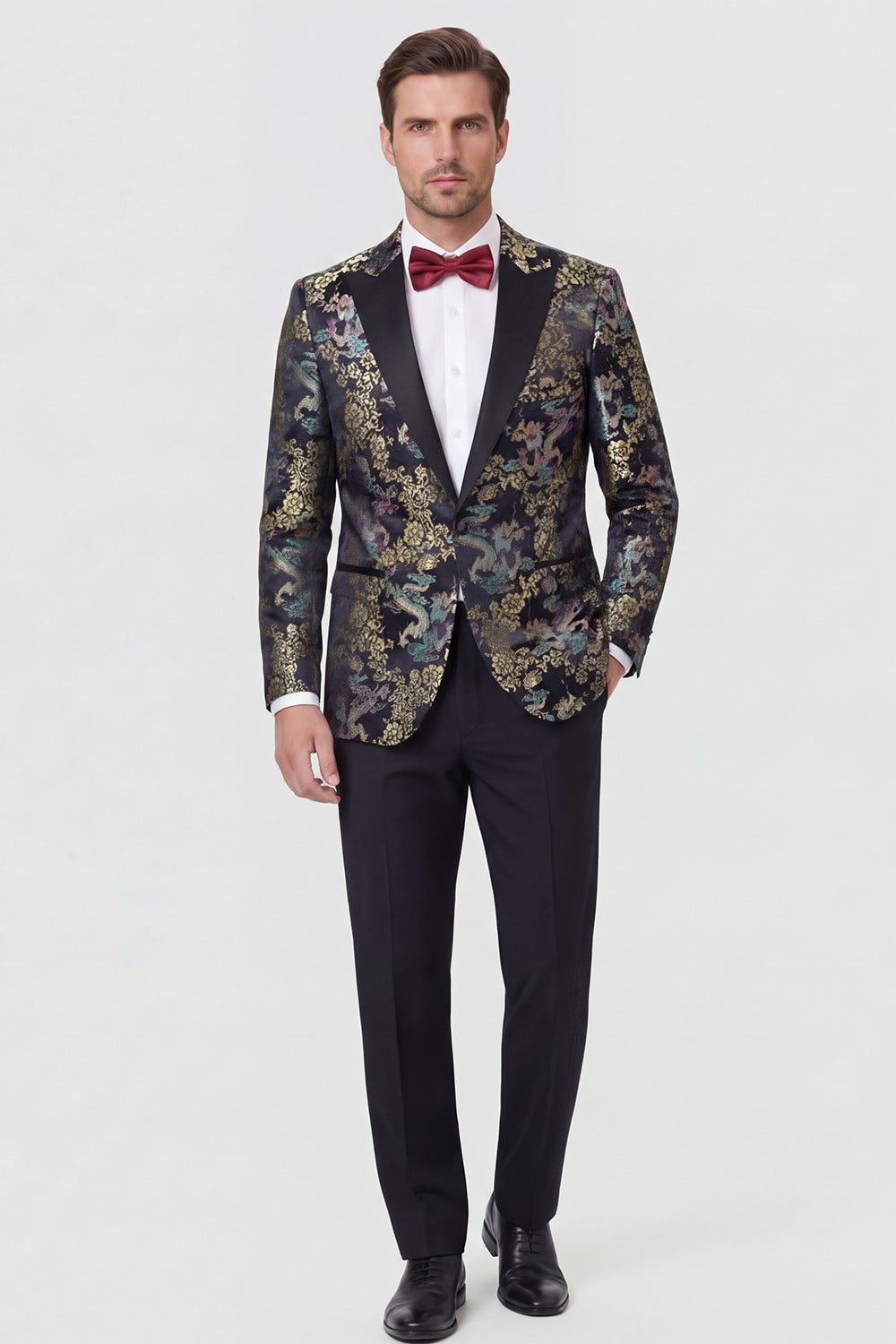 Red 2-piece Peaked Lapel Long Sleeves Jacquard Men's Prom Suits