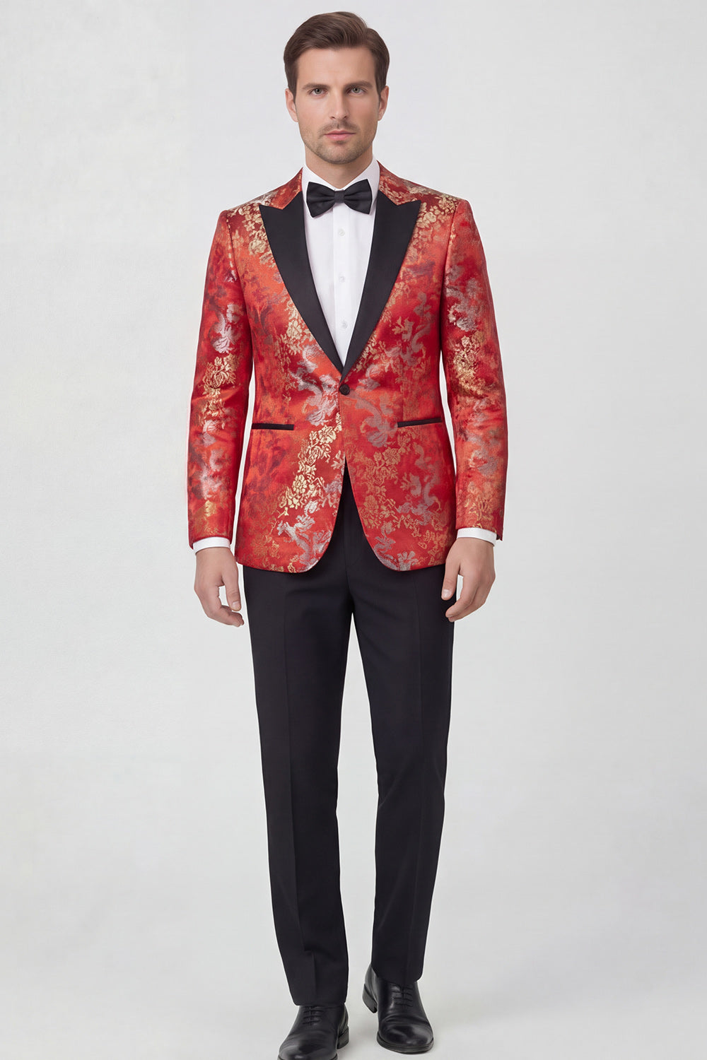 Red 2-piece Peaked Lapel Long Sleeves Jacquard Men's Prom Suits