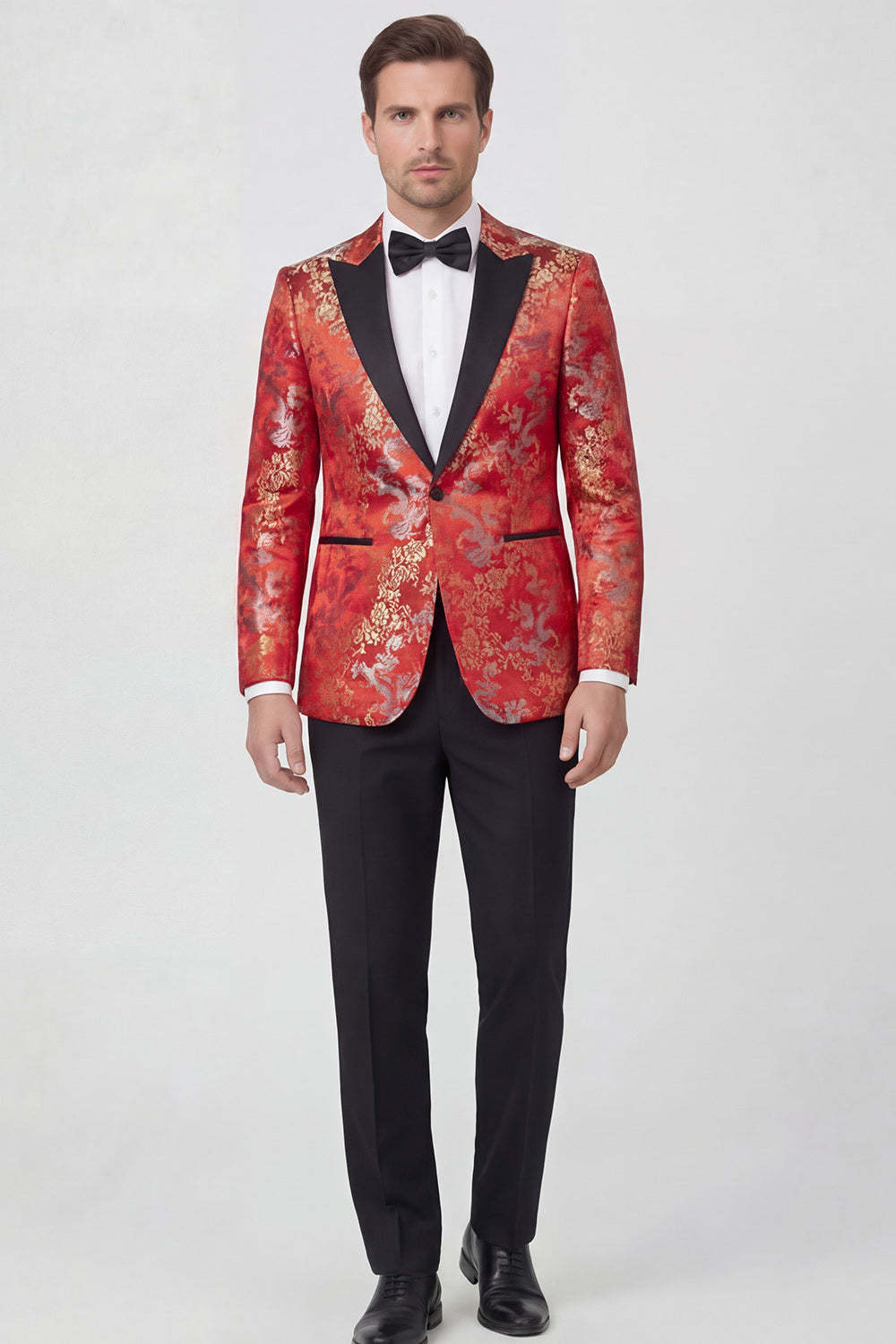 Leely Men Red Prom Suits 2-piece Peaked Lapel Long Sleeves Jacquard Party Suits