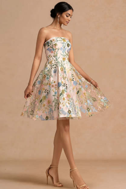 Champagne Floral Embroidered A Line Midi Formal Dress