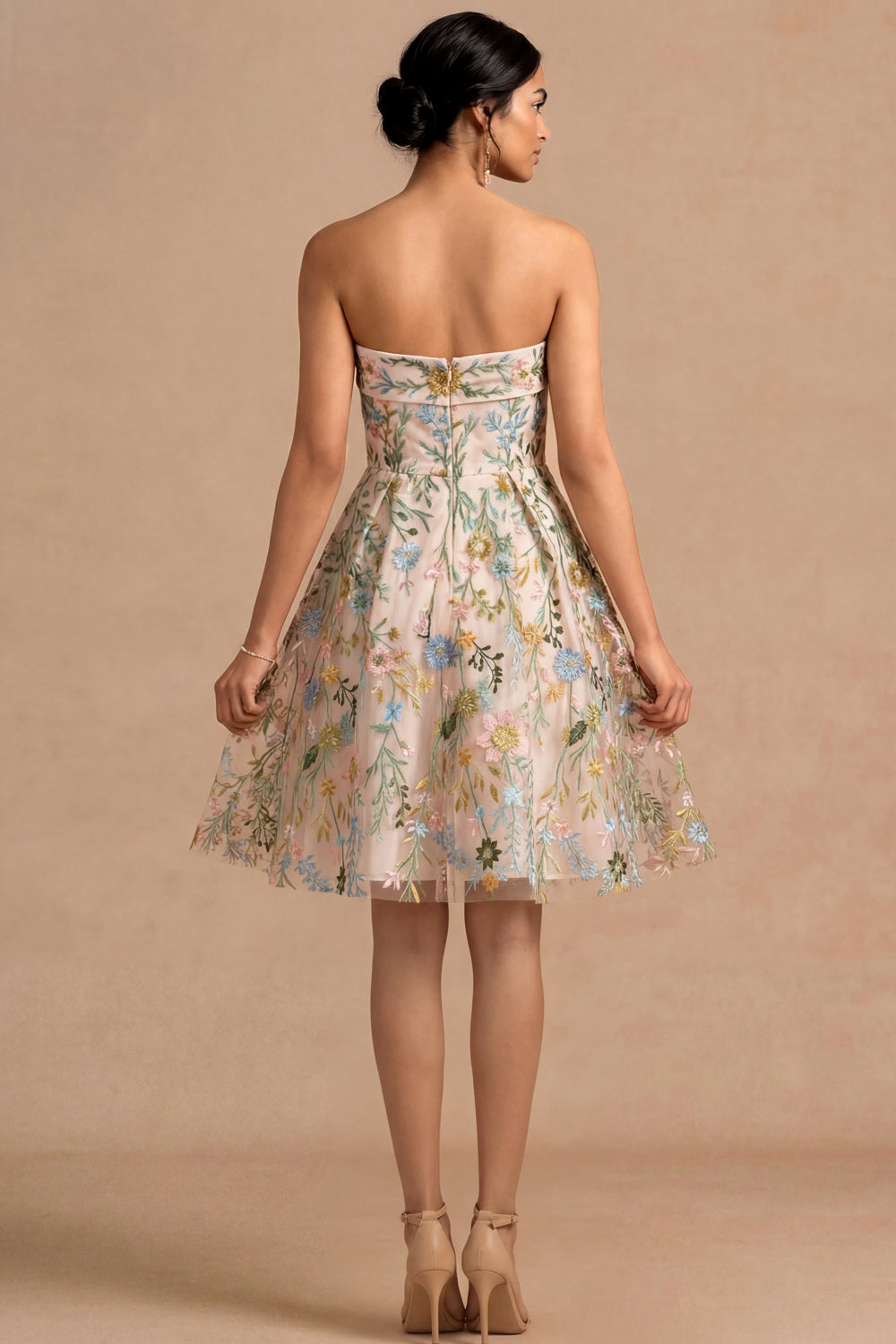 Champagne Floral Embroidered A Line Midi Formal Dress