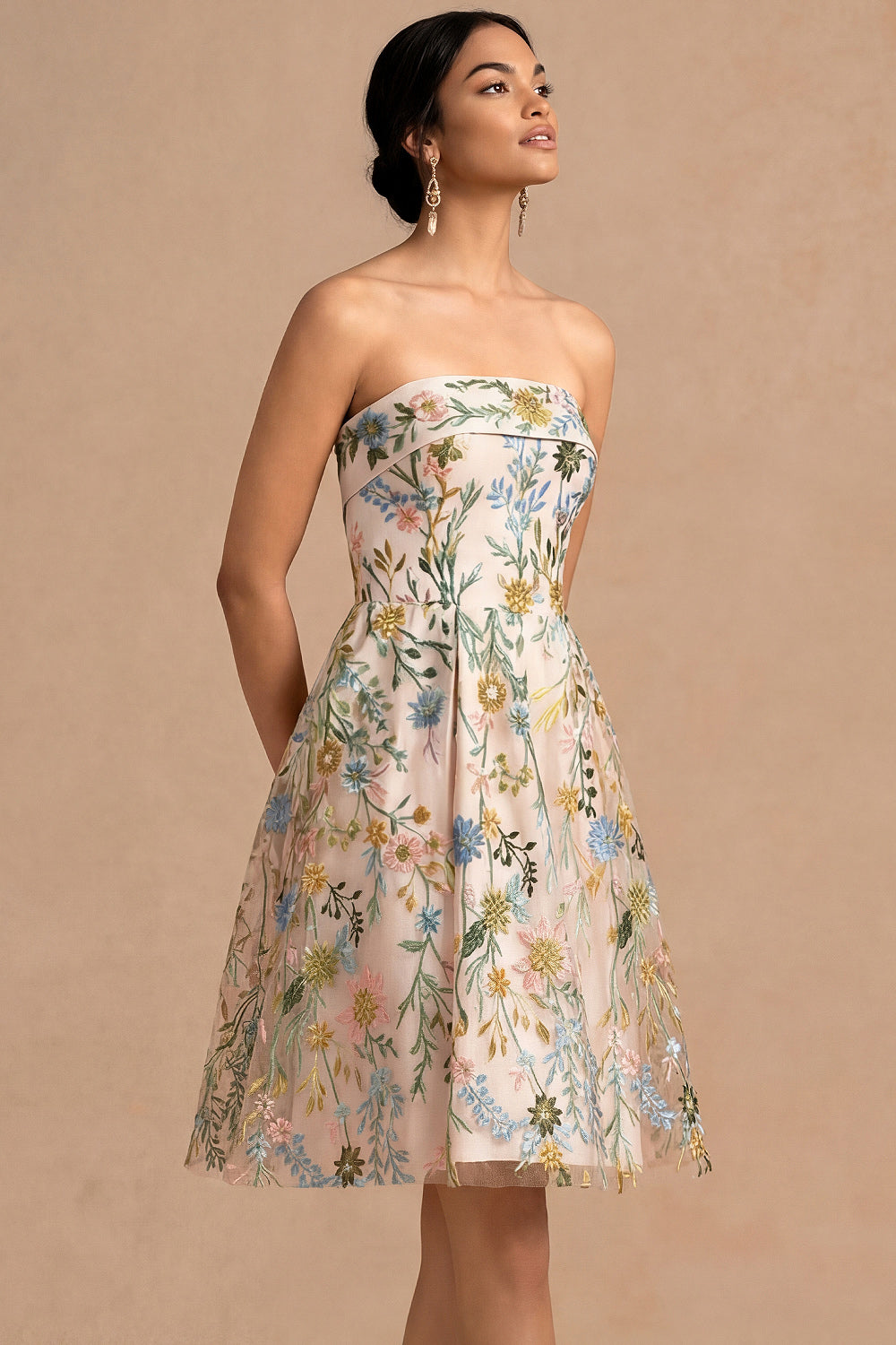Champagne Floral Embroidered A Line Midi Formal Dress
