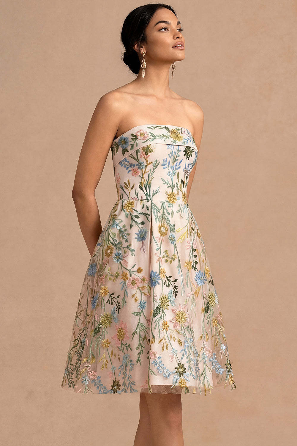 Leely Women Champagne Floral Embroidered A Line Midi Formal Dress Strapless Backless Sleeveless Wedding Guest Dress