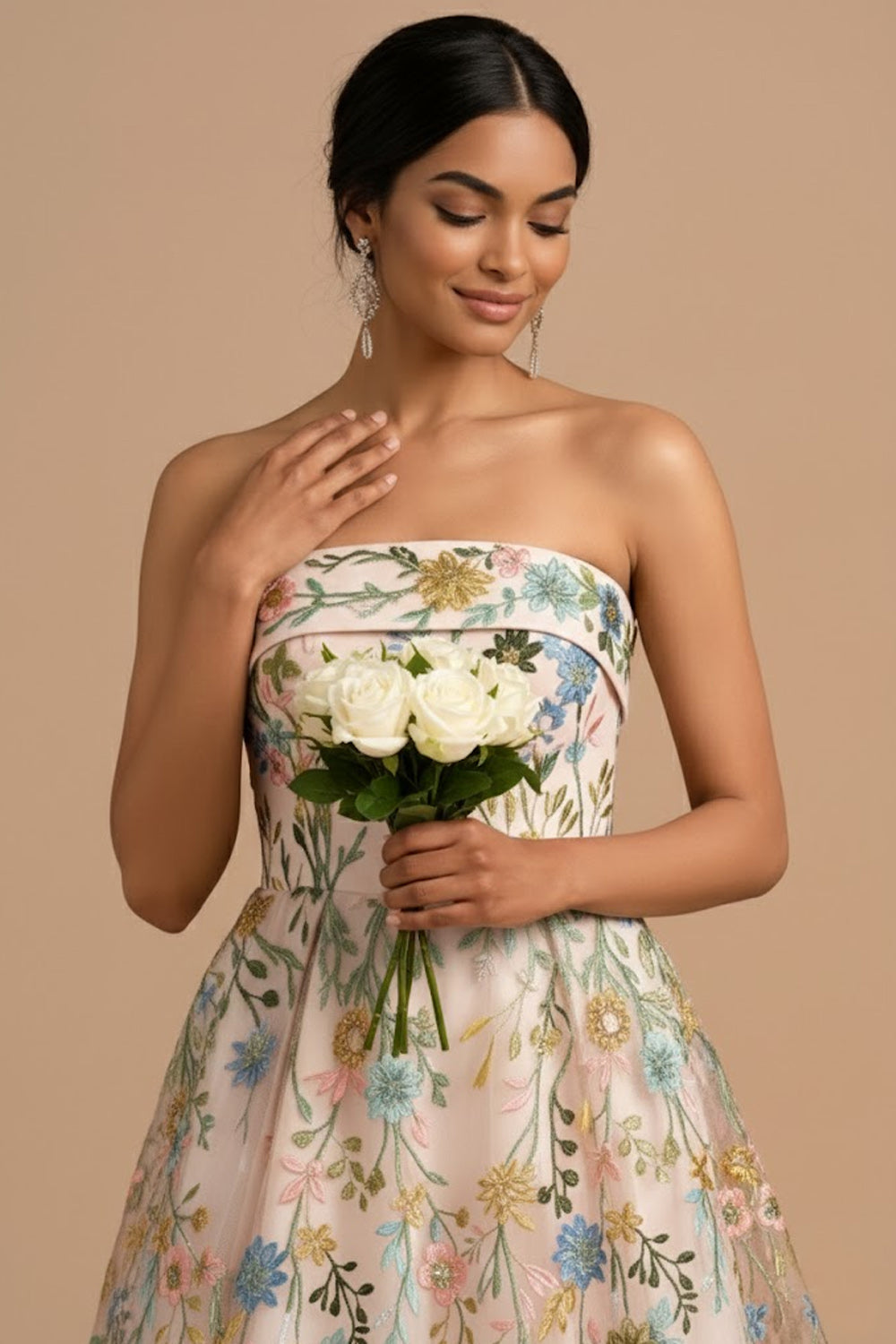 Champagne Floral Embroidered A Line Midi Formal Dress