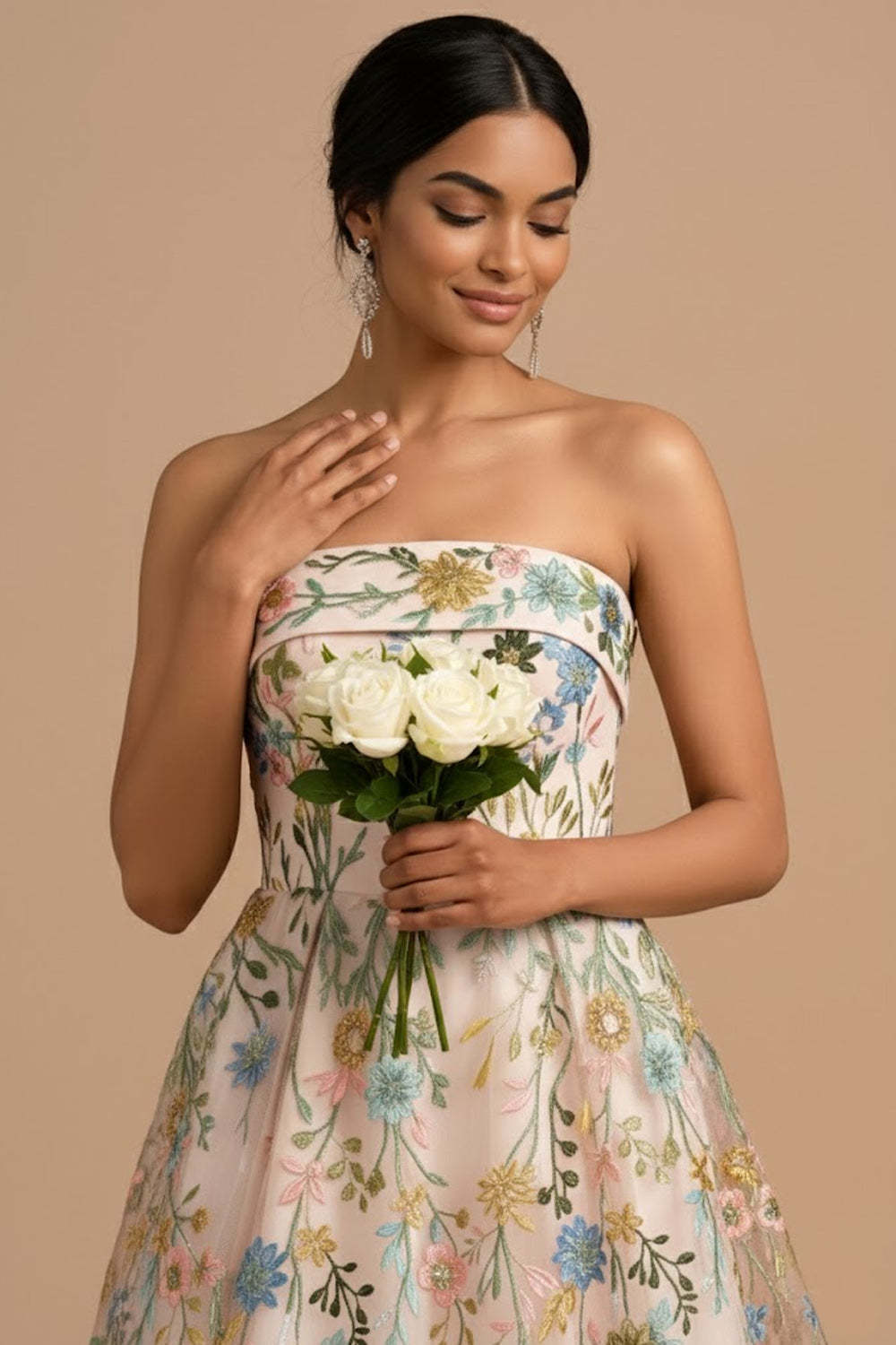 Champagne Floral Embroidered A Line Midi Formal Dress