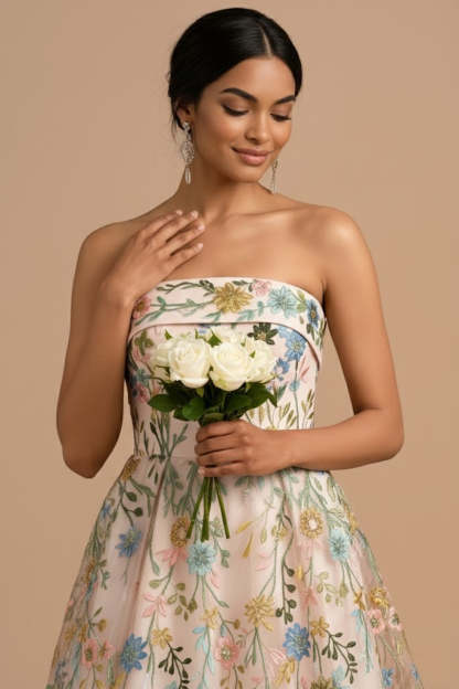 Champagne Floral Embroidered A Line Midi Formal Dress