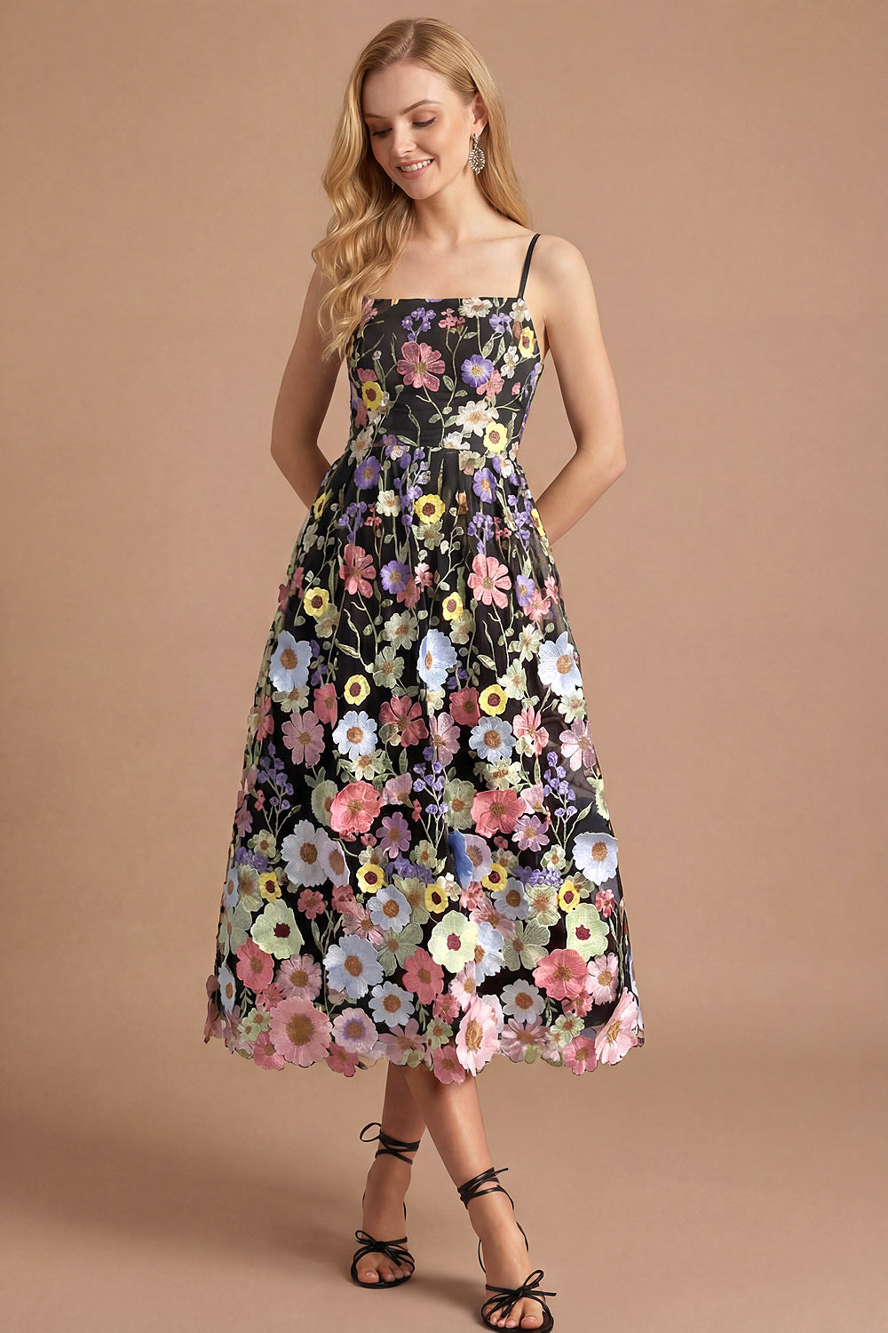 Black Floral A Line Spaghetti Straps Appliqued Midi Formal Dress
