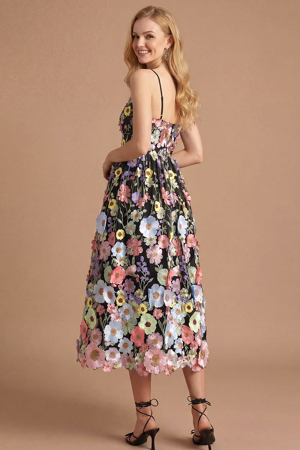 Black Floral A Line Spaghetti Straps Appliqued Midi Formal Dress