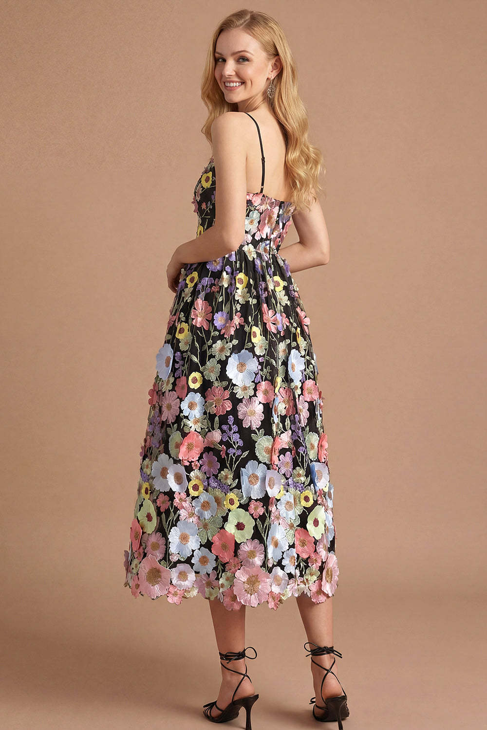 Black Floral A Line Spaghetti Straps Appliqued Midi Formal Dress