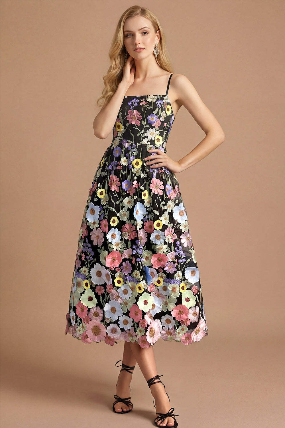 Black Floral A Line Spaghetti Straps Appliqued Midi Formal Dress