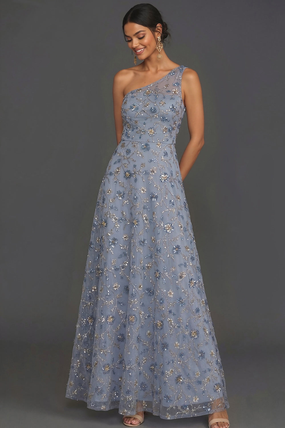 Leely Women Sparkly Sequined Blue A Line One Shoulder A Line Long Formal Dress Appliqued Sleeveless Backless Wedding Guest Dress