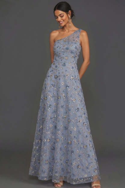 Leely Women Sparkly Sequined Blue A Line One Shoulder A Line Long Formal Dress Appliqued Sleeveless Backless Wedding Guest Dress