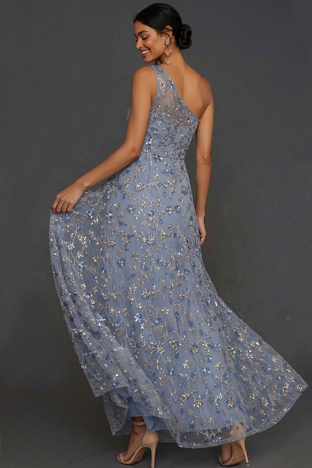Sparkly Sequined Blue A Line One Shoulder A Line Long Formal Dress