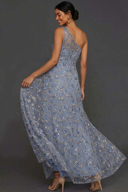 Sparkly Sequined Blue A Line One Shoulder A Line Long Formal Dress