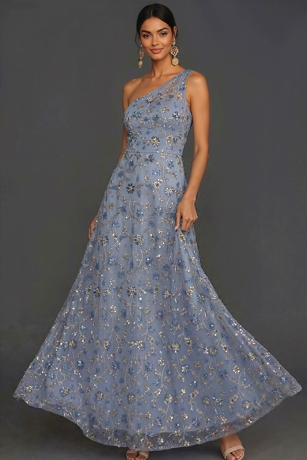Sparkly Sequined Blue A Line One Shoulder A Line Long Formal Dress
