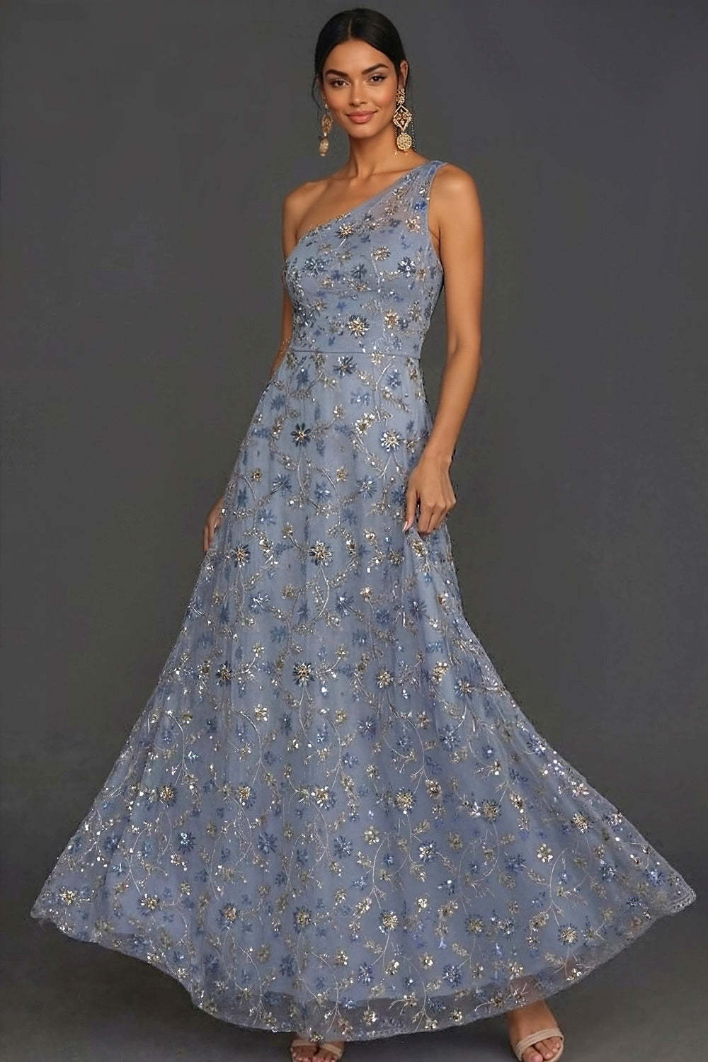 Sparkly Sequined Blue A Line One Shoulder A Line Long Formal Dress