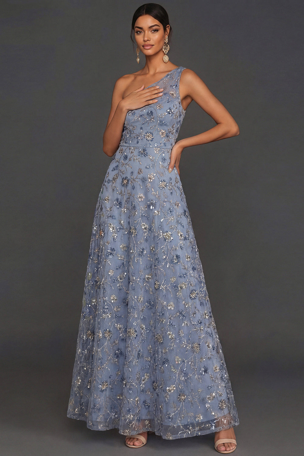 Sparkly Sequined Blue A Line One Shoulder A Line Long Formal Dress