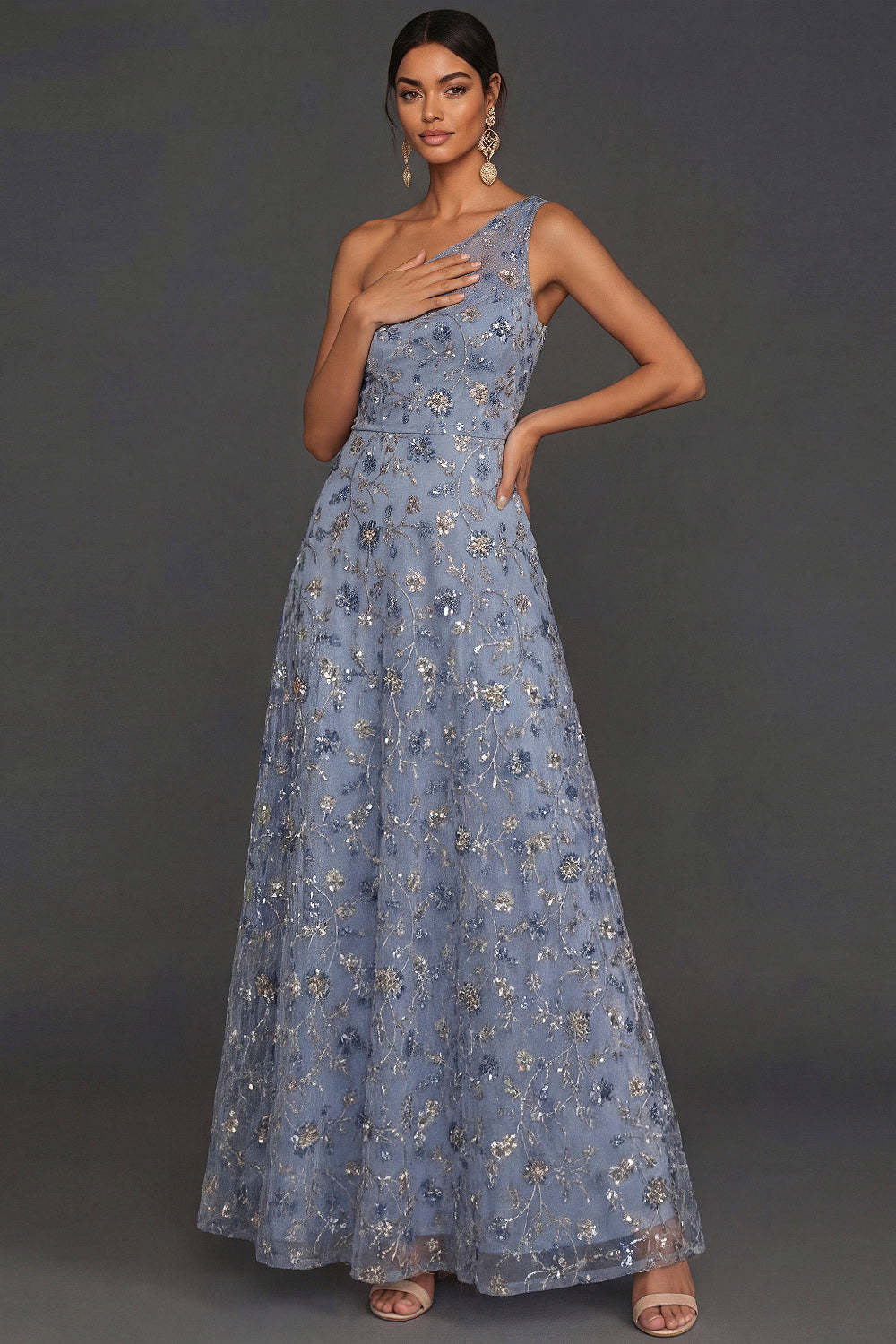 Sparkly Sequined Blue A Line One Shoulder A Line Long Formal Dress