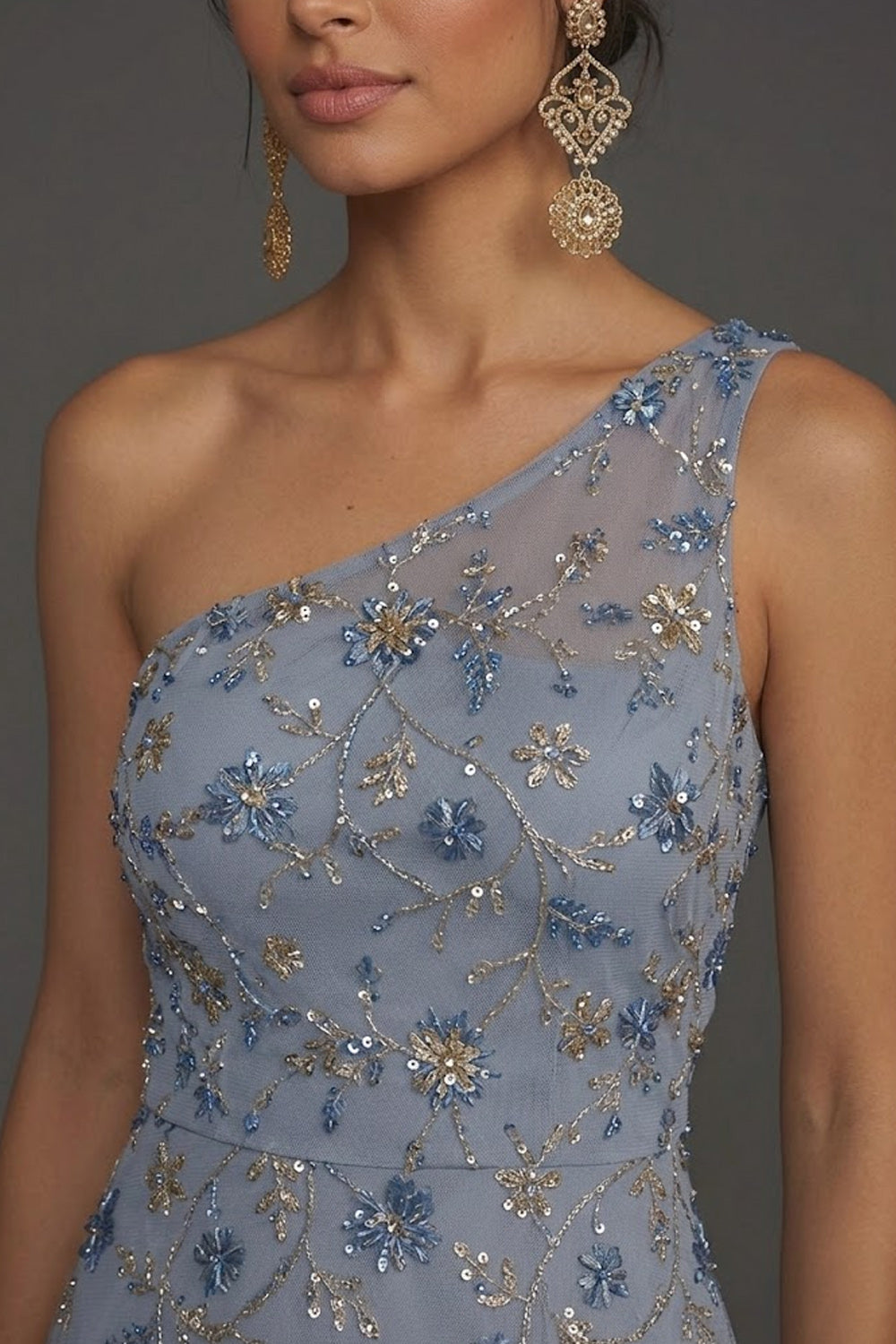 Sparkly Sequined Blue A Line One Shoulder A Line Long Formal Dress