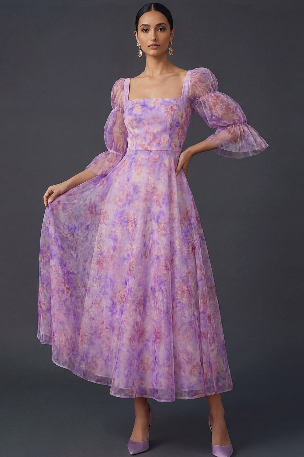 A Line Floral Lilac Square Neck Backless Midi Formal Dress