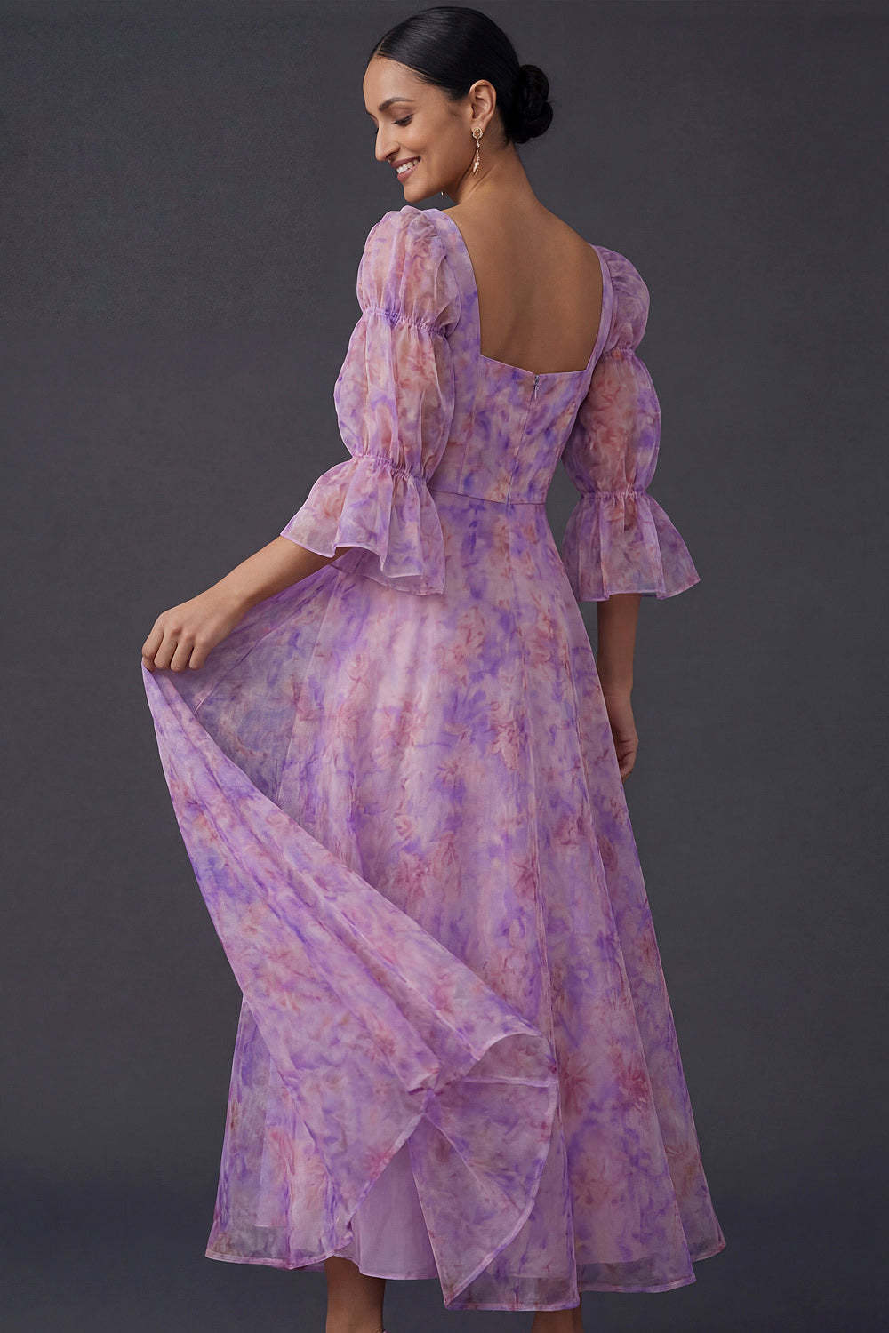 A Line Floral Lilac Square Neck Backless Midi Formal Dress