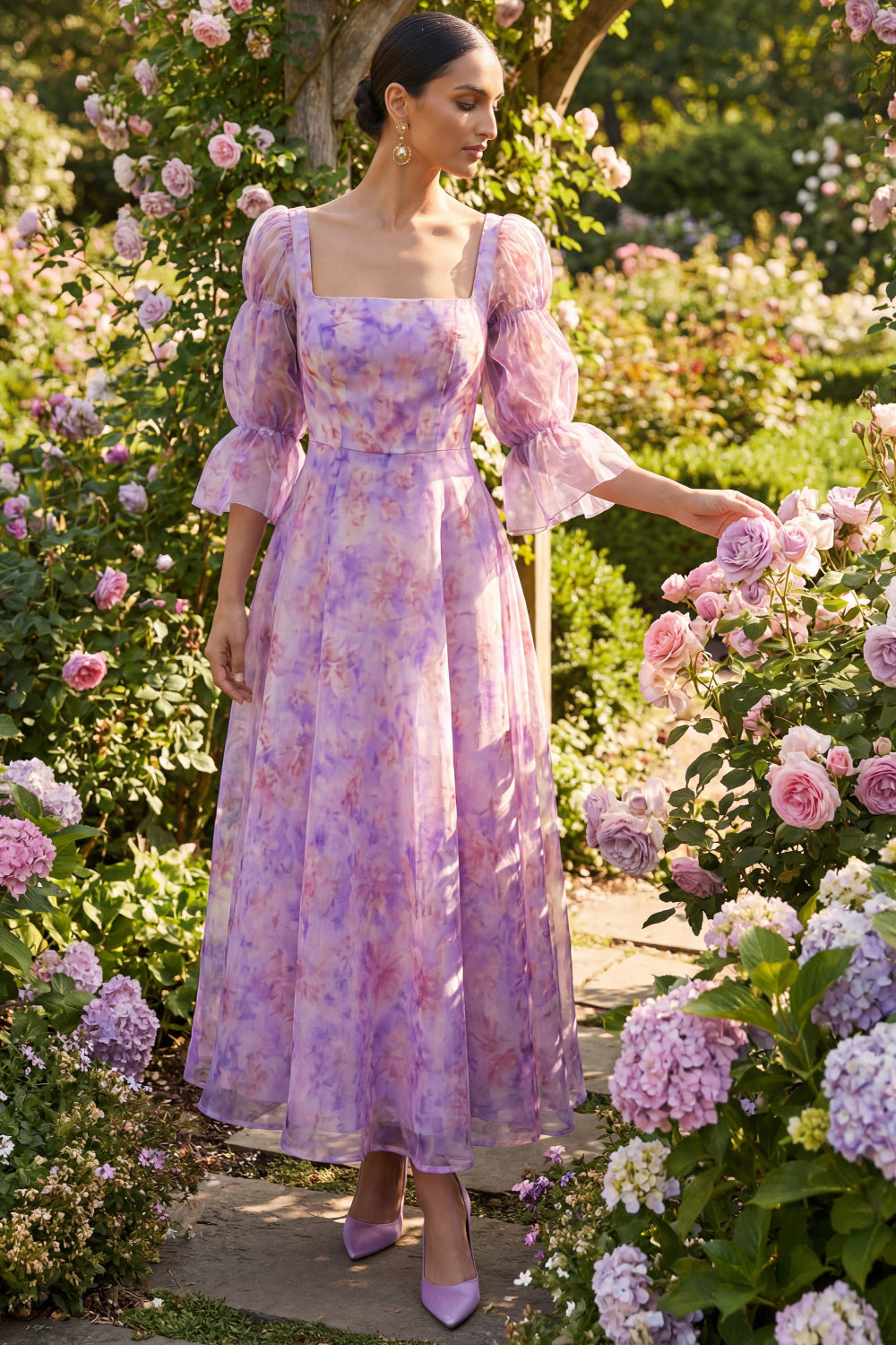 A Line Floral Lilac Square Neck Backless Midi Formal Dress