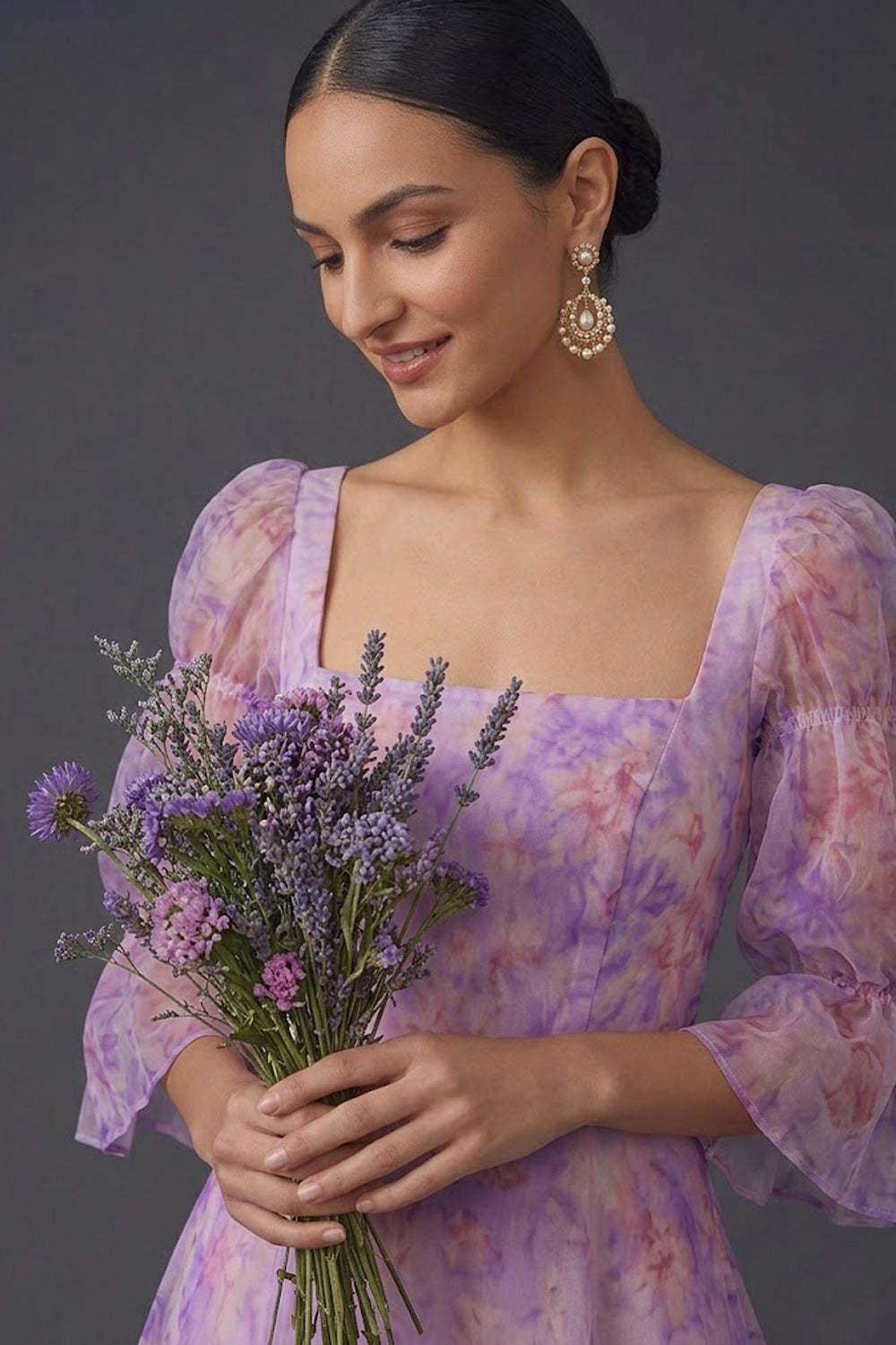 A Line Floral Lilac Square Neck Backless Midi Formal Dress