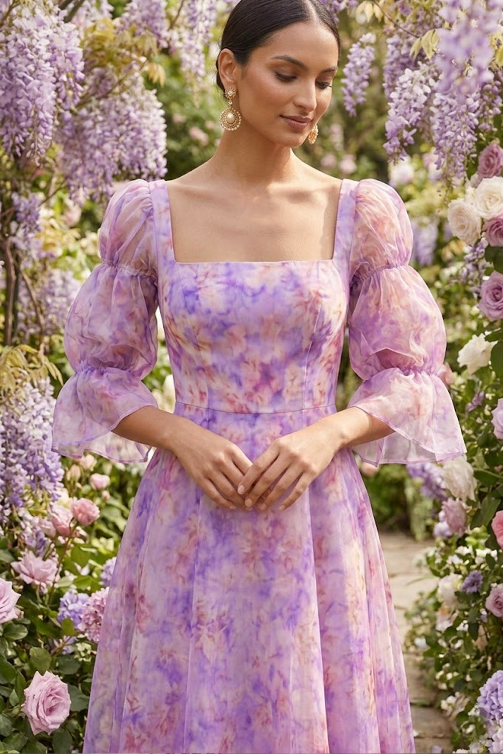 A Line Floral Lilac Square Neck Backless Midi Formal Dress