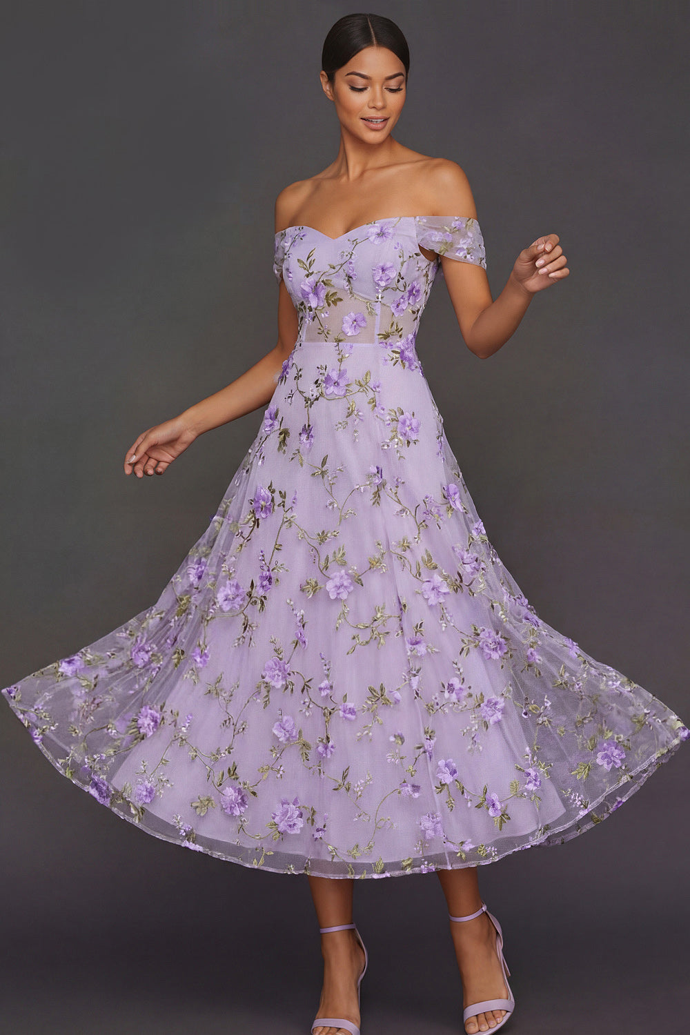 A Line Floral Lilac Off the Shoulder Appliqued Midi Formal Dress