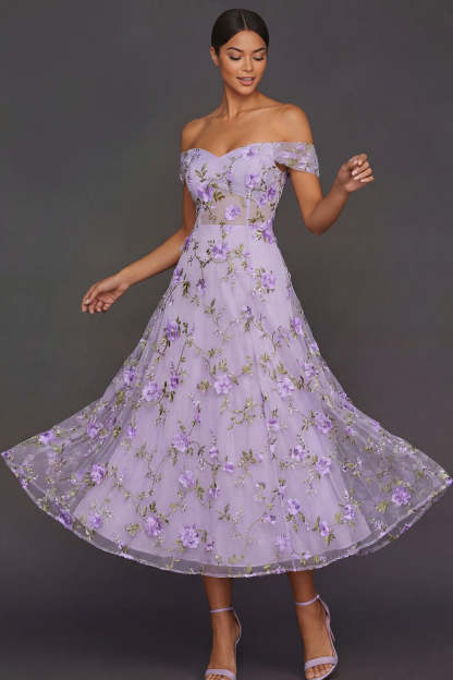 Leely Women A Line Floral Lilac Off the Shoulder Midi Formal Dress Appliqued Backless Sleeveless Evening Dress
