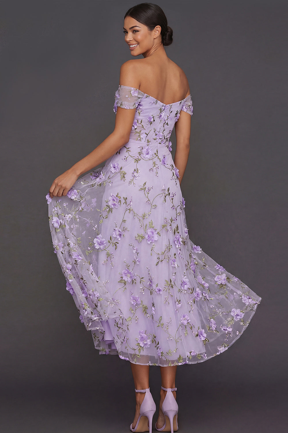 A Line Floral Lilac Off the Shoulder Appliqued Midi Formal Dress