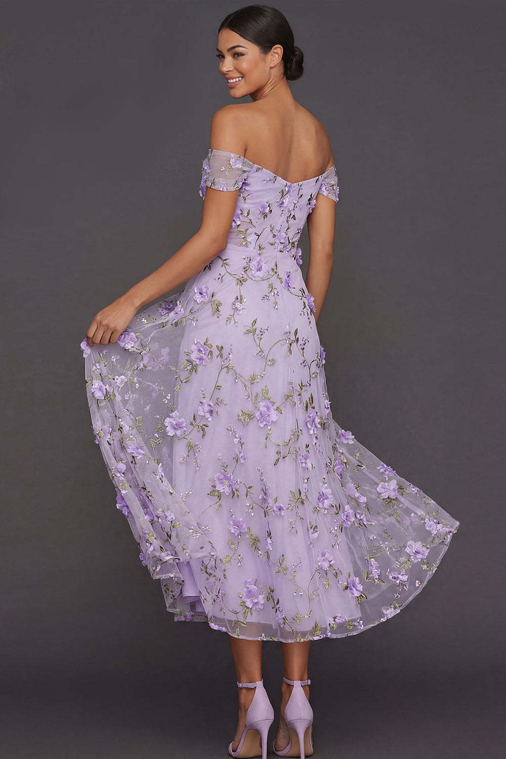 A Line Floral Lilac Off the Shoulder Appliqued Midi Formal Dress