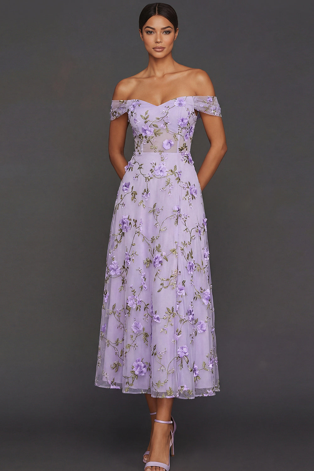 A Line Floral Lilac Off the Shoulder Appliqued Midi Formal Dress