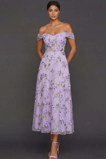 A Line Floral Lilac Off the Shoulder Appliqued Midi Formal Dress