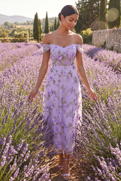 A Line Floral Lilac Off the Shoulder Appliqued Midi Formal Dress