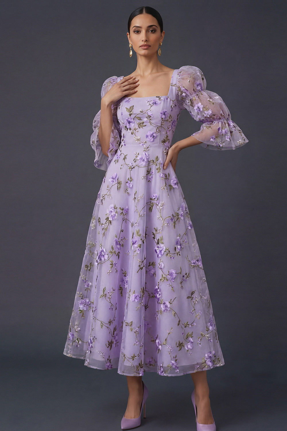 A Line Floral Appliqued Lilac Square Neck Long Formal Dress