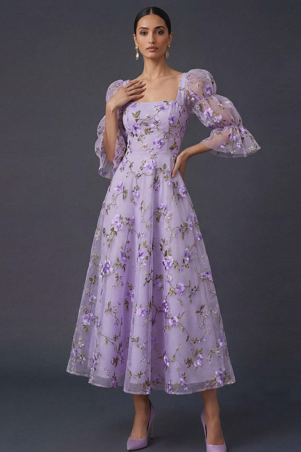 A Line Floral Appliqued Lilac Square Neck Long Formal Dress