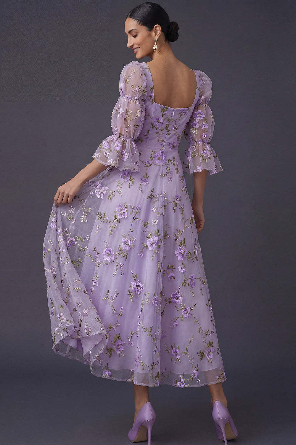 A Line Floral Appliqued Lilac Square Neck Long Formal Dress